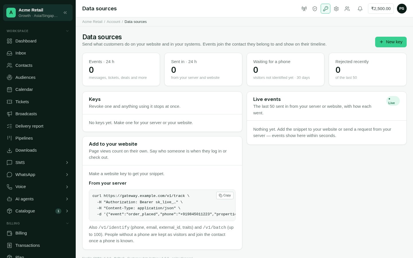 Data sources with event counts, keys and the website snippet