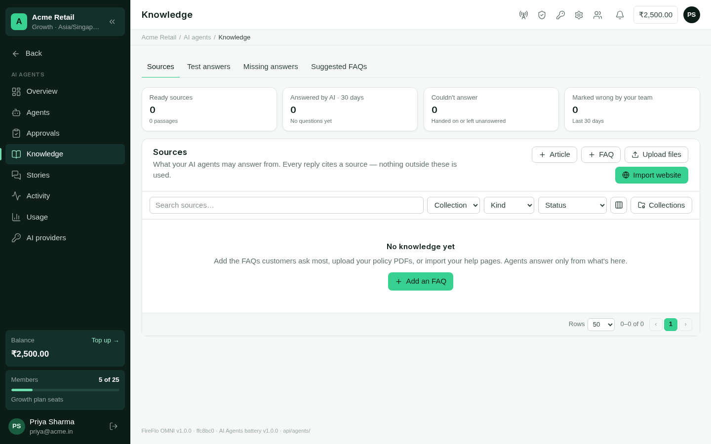 The Knowledge sources list with FAQs, files and a website, and how often each was used