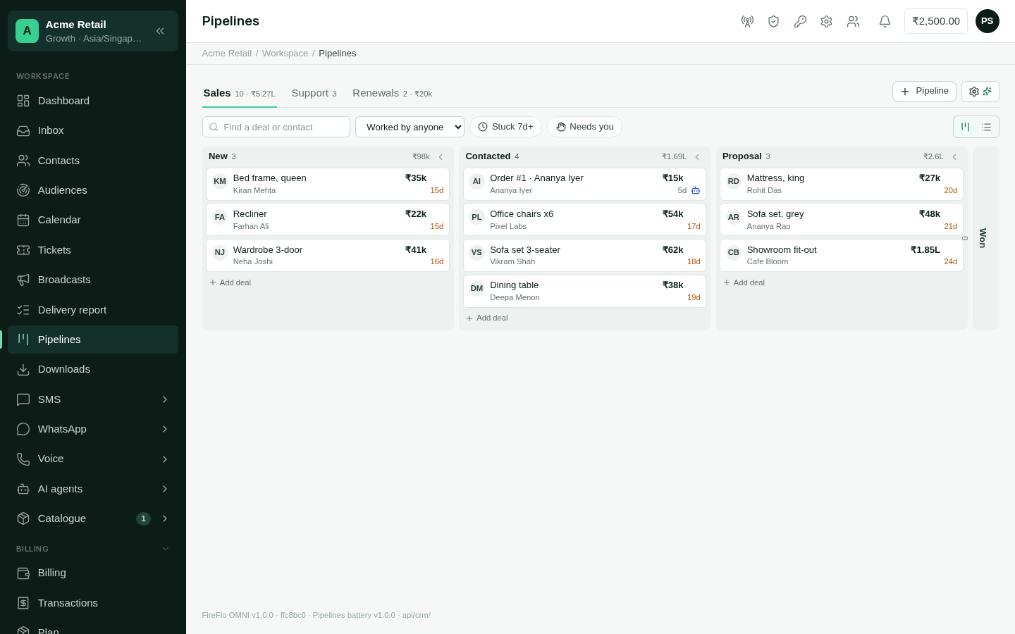 A pipeline board with deals in stage columns