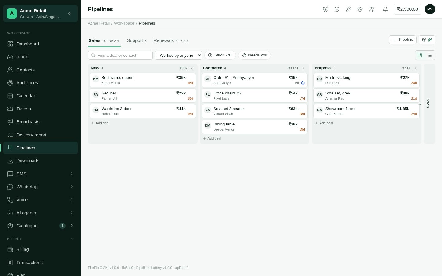 A pipeline board with deals in stage columns