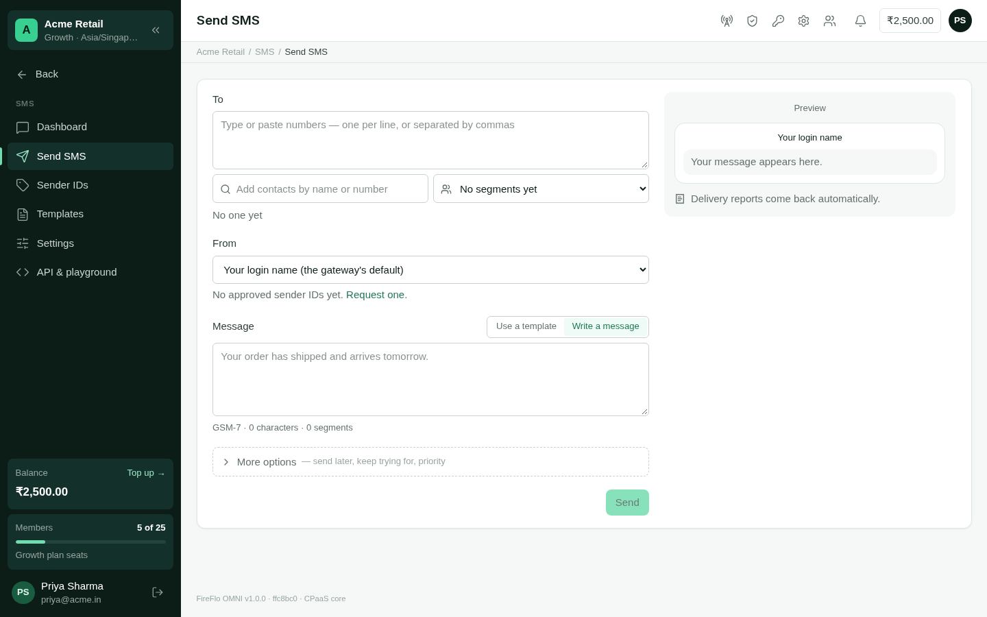 The Send SMS page with the message form and a phone preview