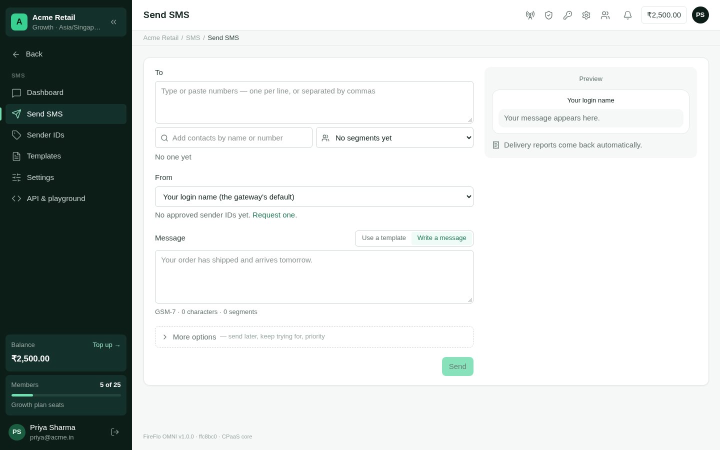 The Send SMS page with the message form and a phone preview