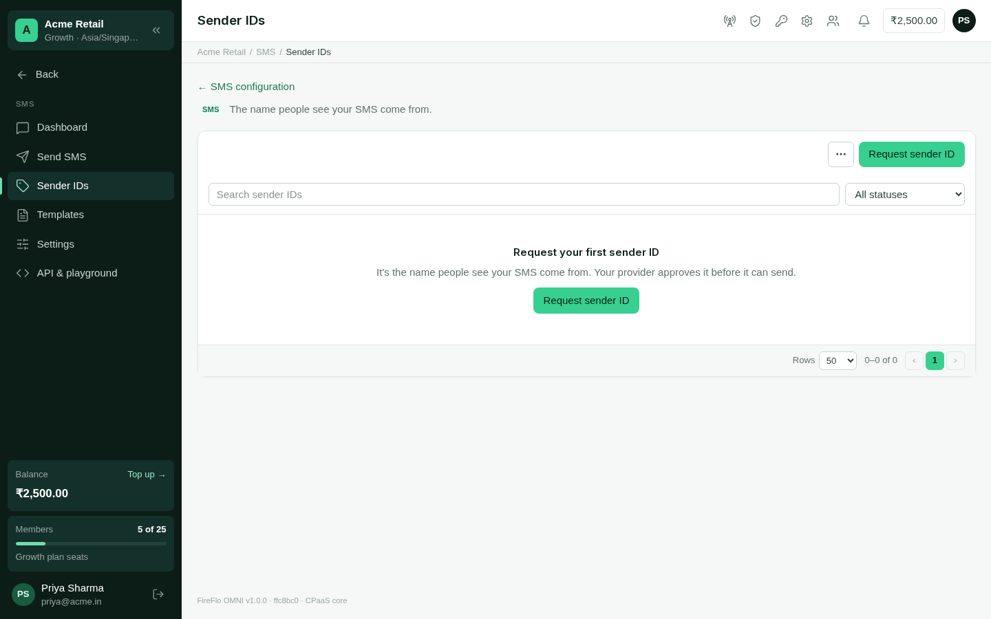 The Sender IDs list with statuses In use and Waiting for approval