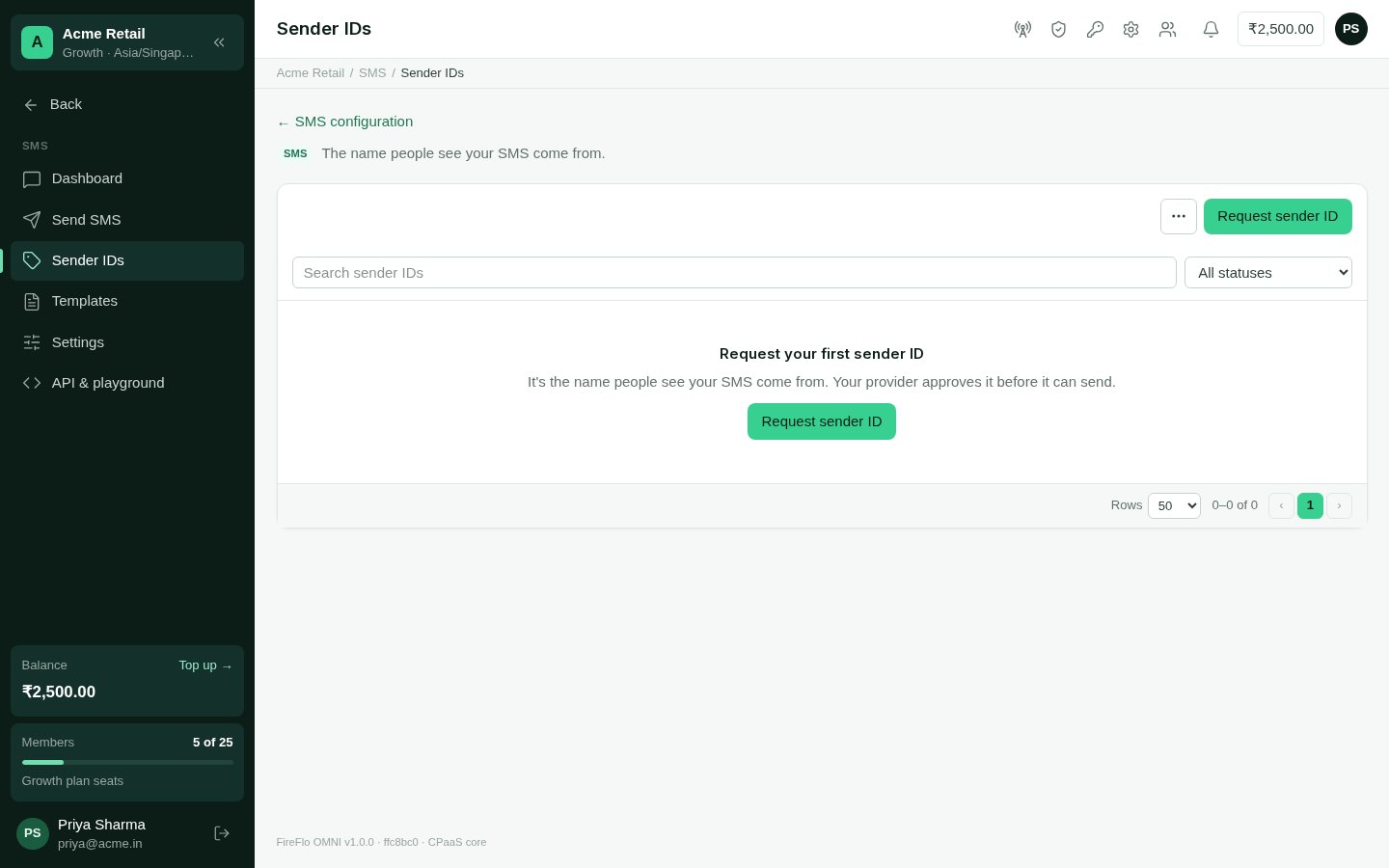 The Sender IDs list with statuses In use and Waiting for approval