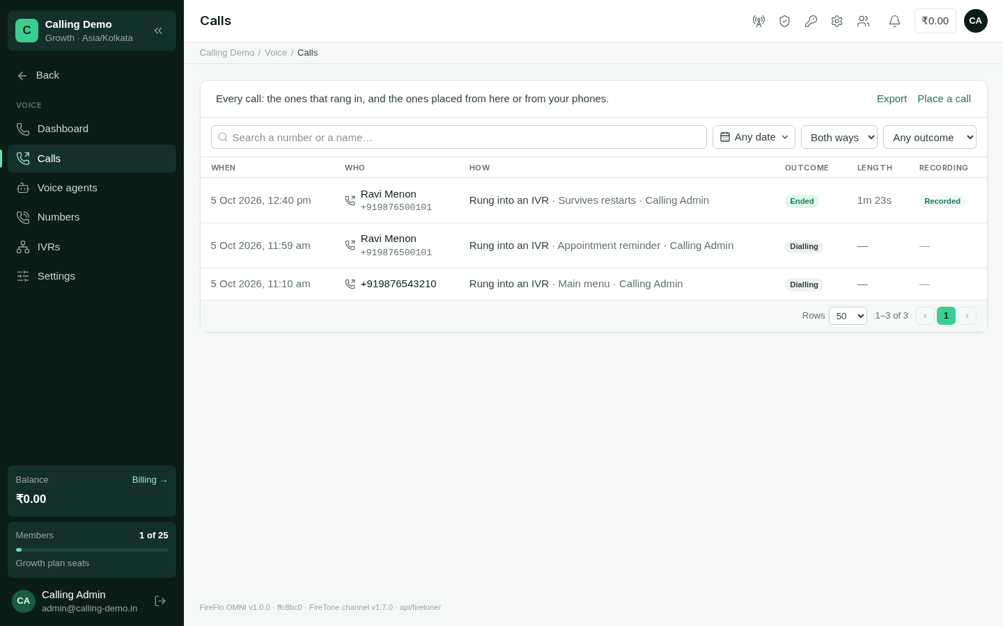 The Calls list with incoming and outgoing calls
