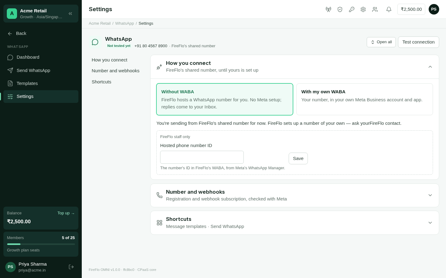 The WhatsApp settings page