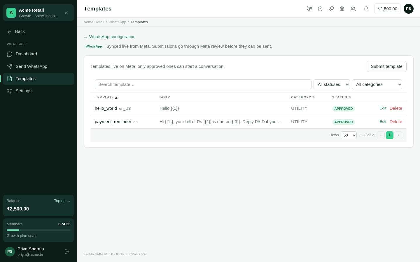 The WhatsApp message templates list with status badges