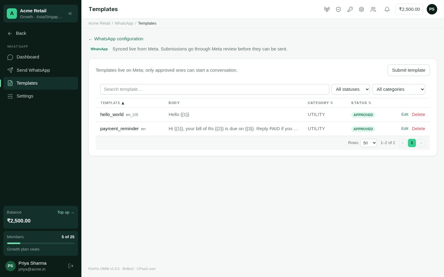 The WhatsApp message templates list with status badges