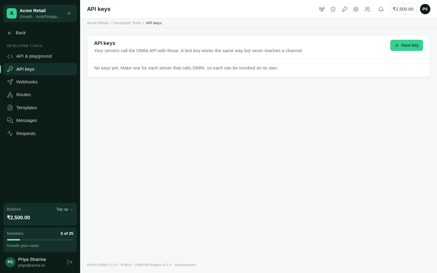 The API keys screen listing keys with their scopes and allowed addresses