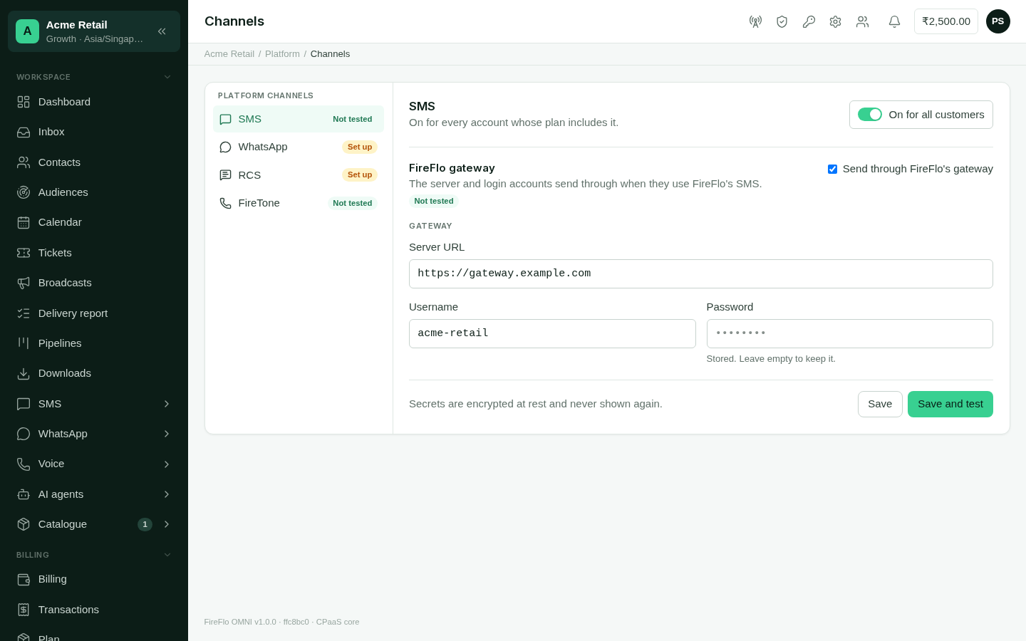 The Platform Channels page, listing SMS, WhatsApp, RCS and Voice with status badges, and the chosen channel's setup form.