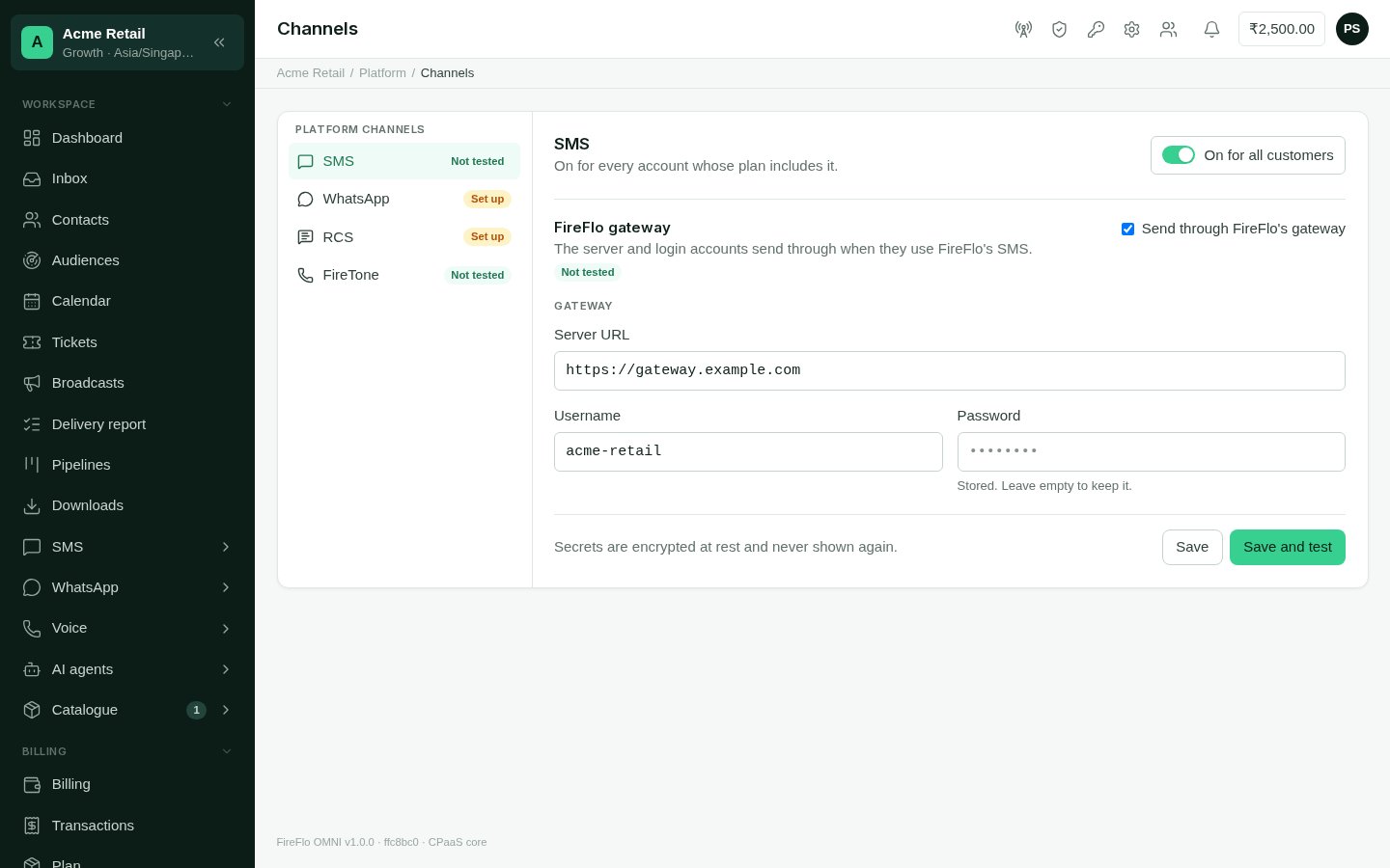 The Platform Channels page, listing SMS, WhatsApp, RCS and Voice with status badges, and the chosen channel's setup form.