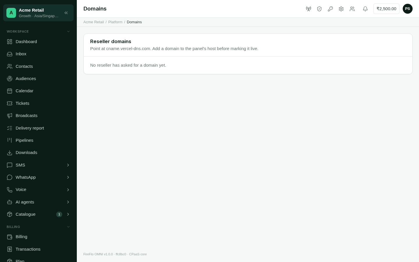 The Domains page, listing resellers' domains with their status, the DNS records to add, and a Mark live button.