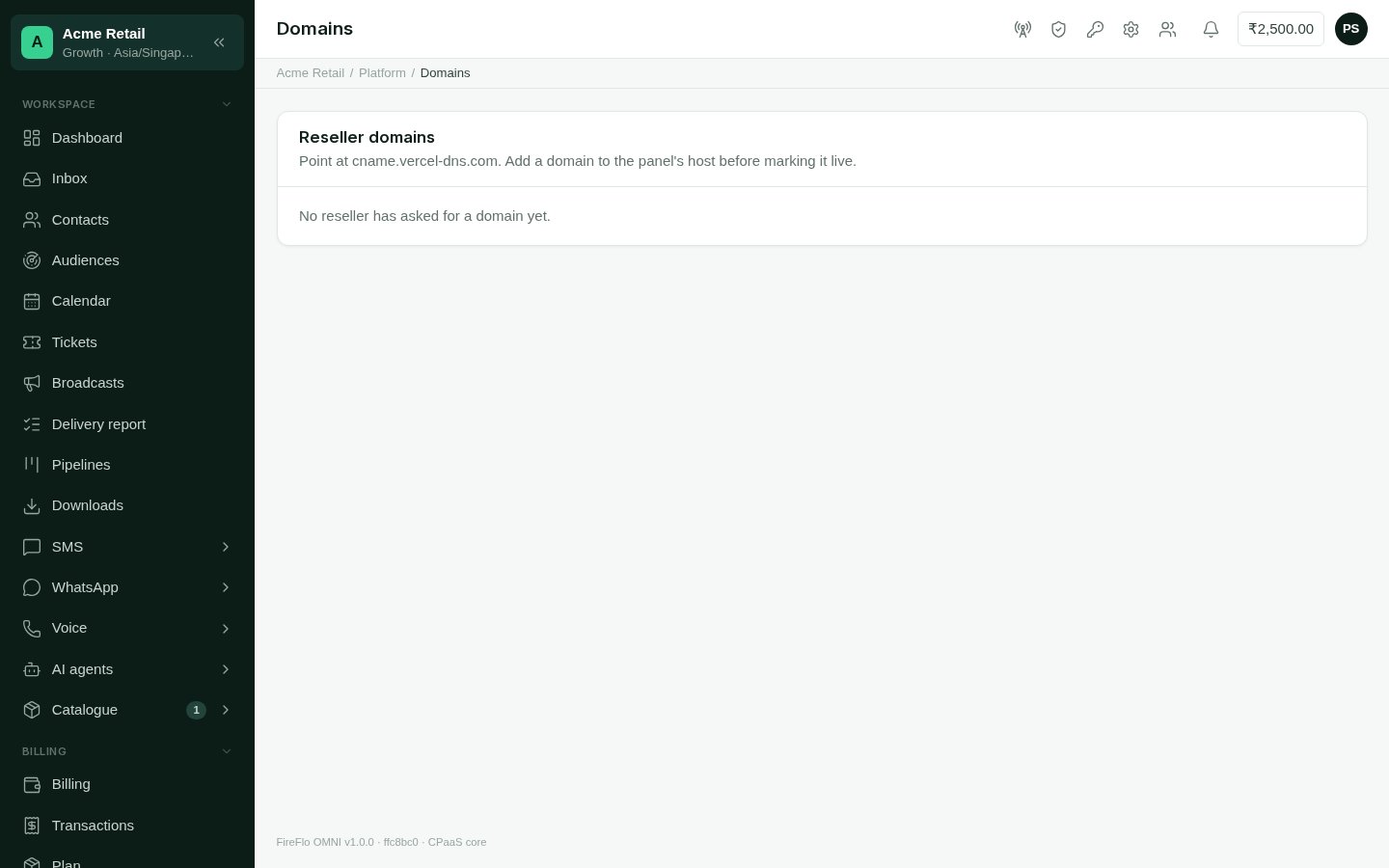 The Domains page, listing resellers' domains with their status, the DNS records to add, and a Mark live button.