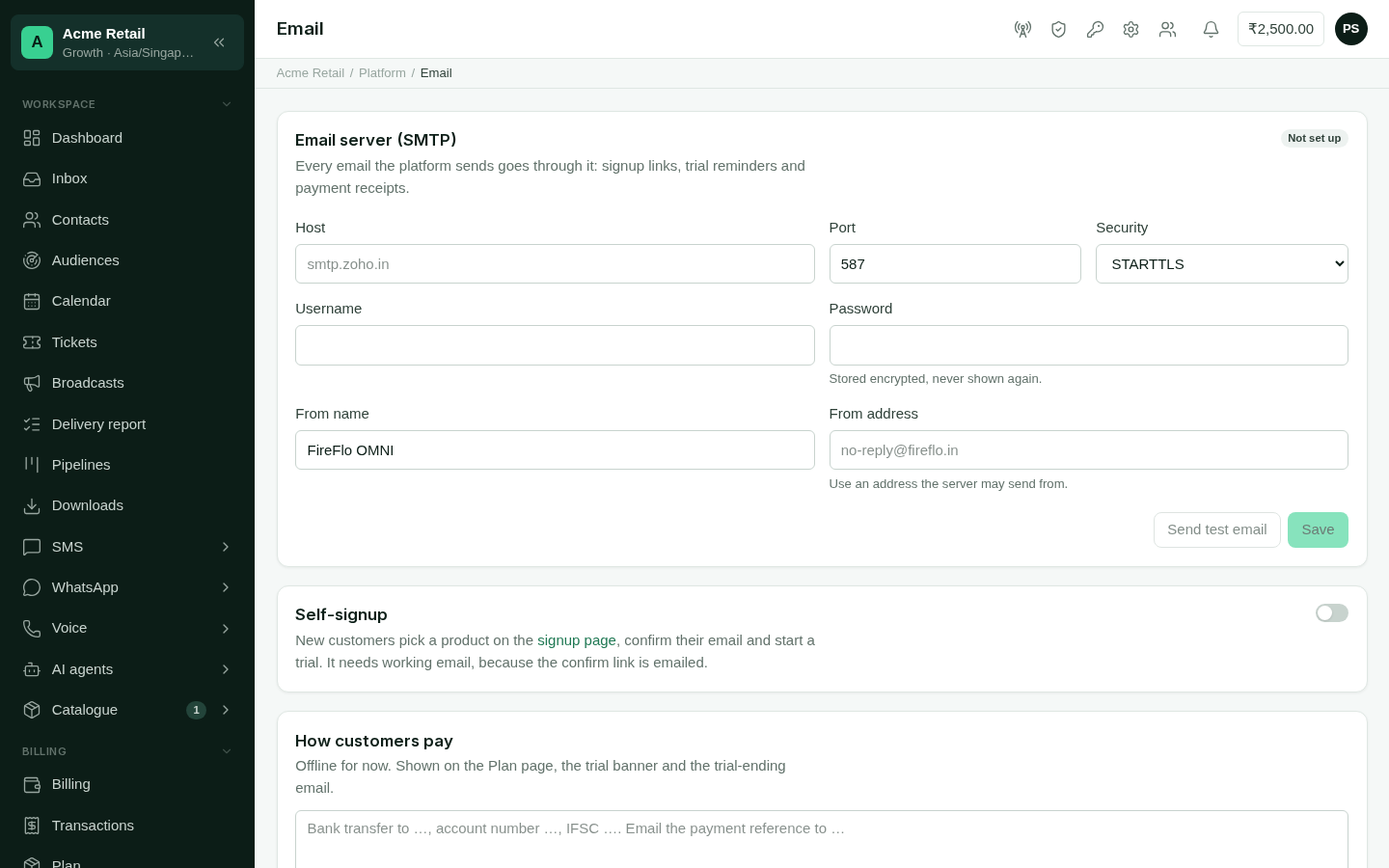 The Email page, with the SMTP server form, the self-signup switch and the payment instructions box.