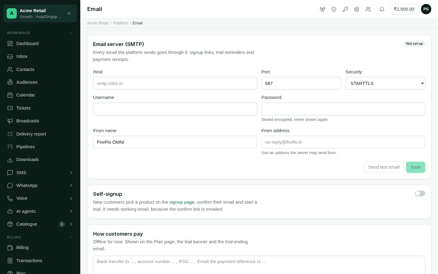 The Email page, with the SMTP server form, the self-signup switch and the payment instructions box.