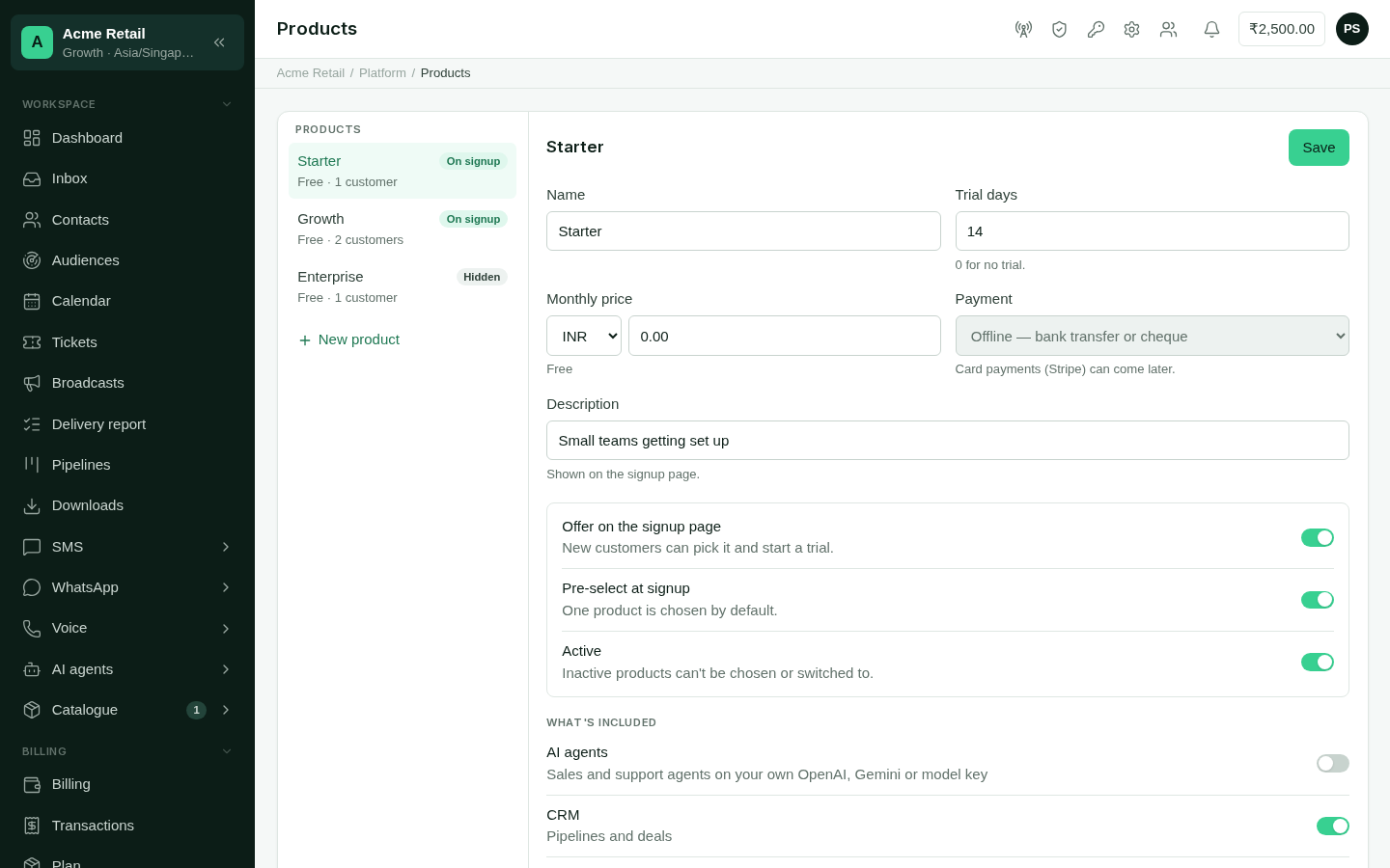 The Products page, with a list of products on the left and the editor for one product on the right.