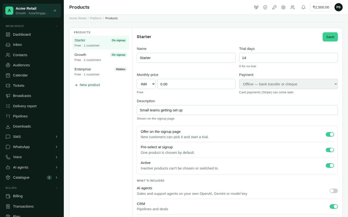 The Products page, with a list of products on the left and the editor for one product on the right.