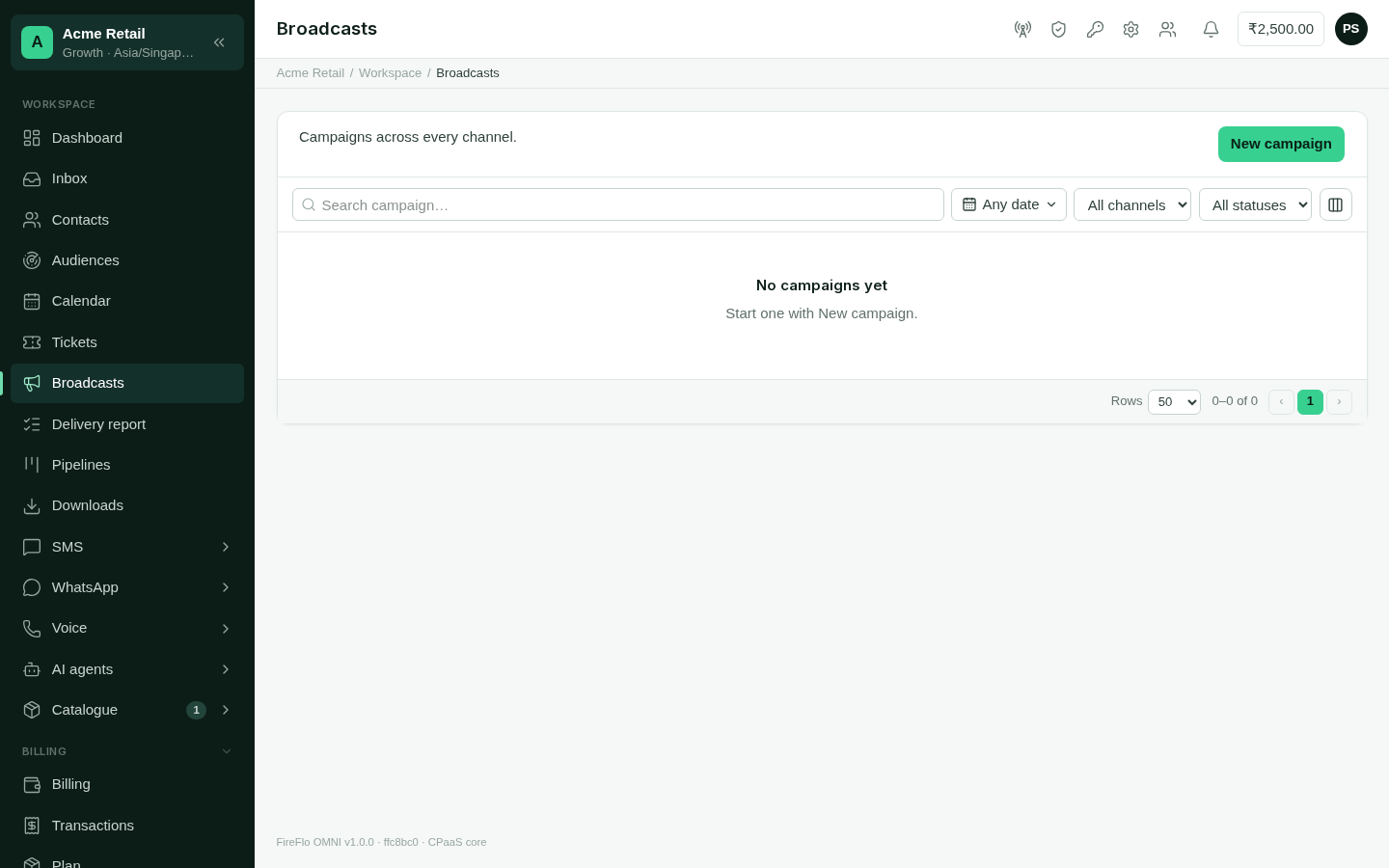 The Broadcasts list with campaign names, channels, statuses and progress