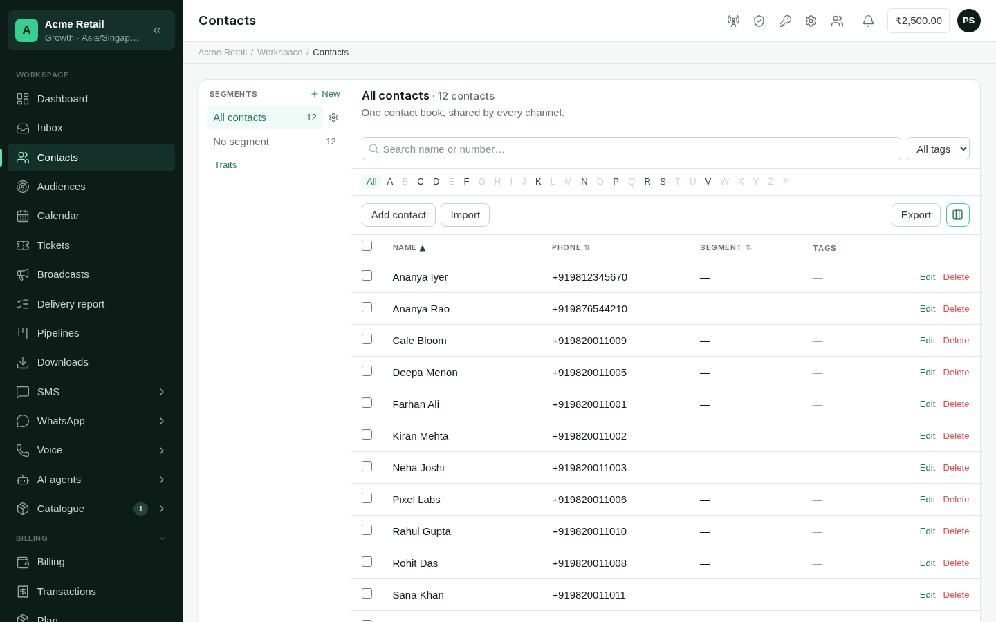The Contacts screen with the segment list, search, letter strip and contacts table