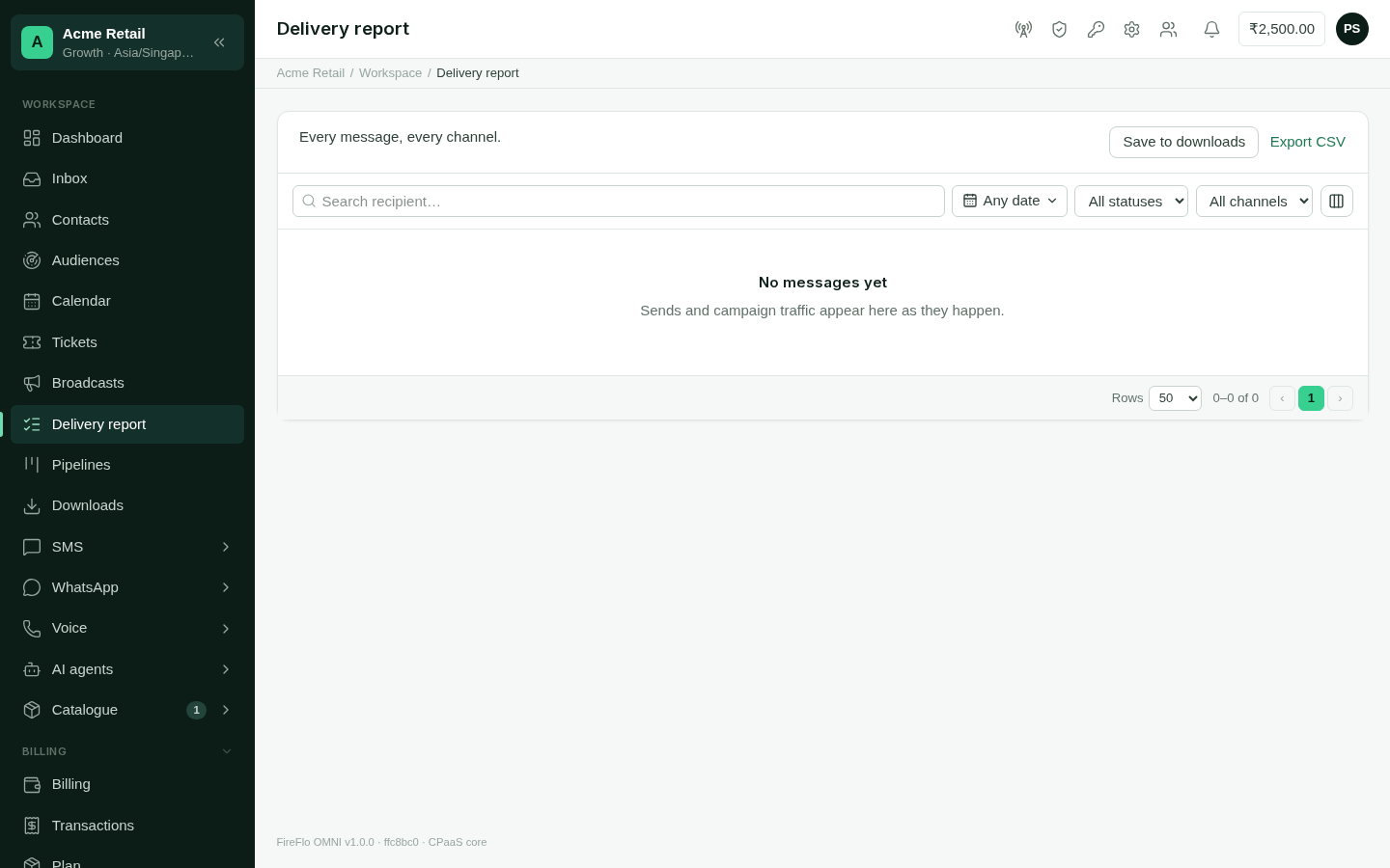 The delivery report table with time, channel, recipient, message, status and DLR columns