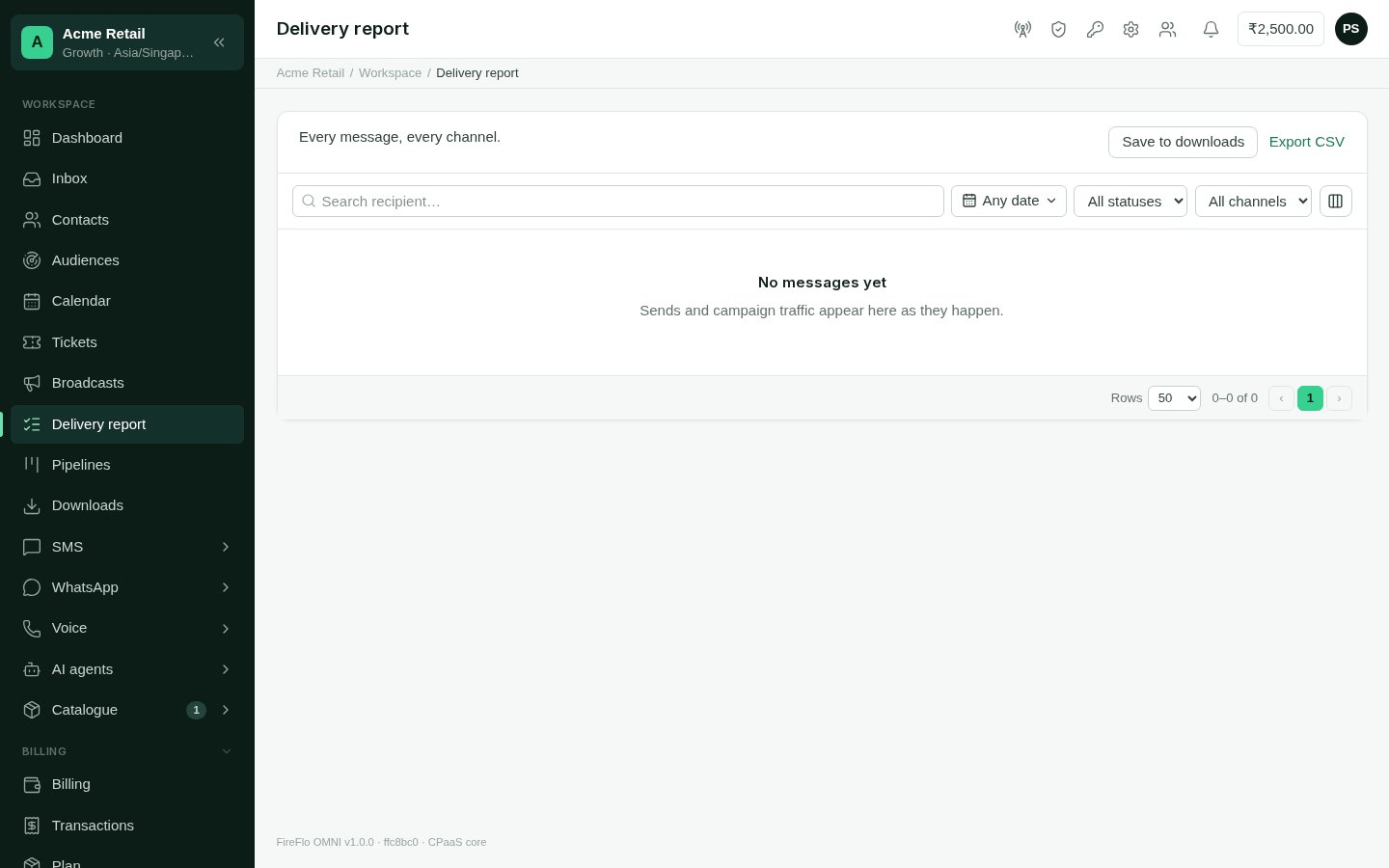 The delivery report table with time, channel, recipient, message, status and DLR columns