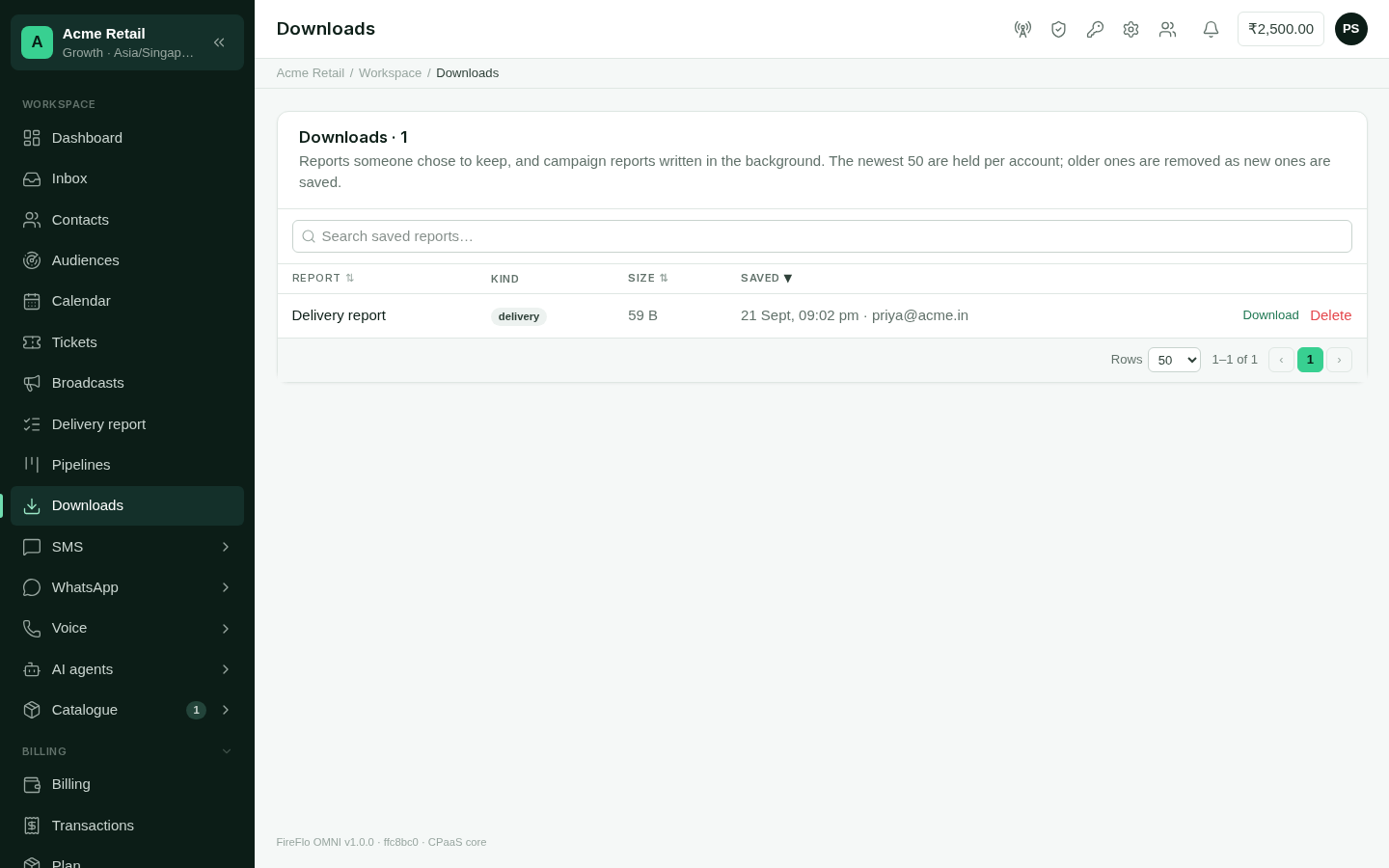 The Downloads table listing saved reports with their kind, size and date