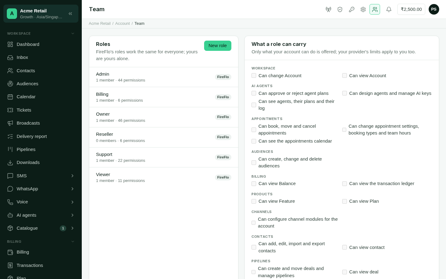 The Roles screen listing shared and custom roles with the permissions each carries