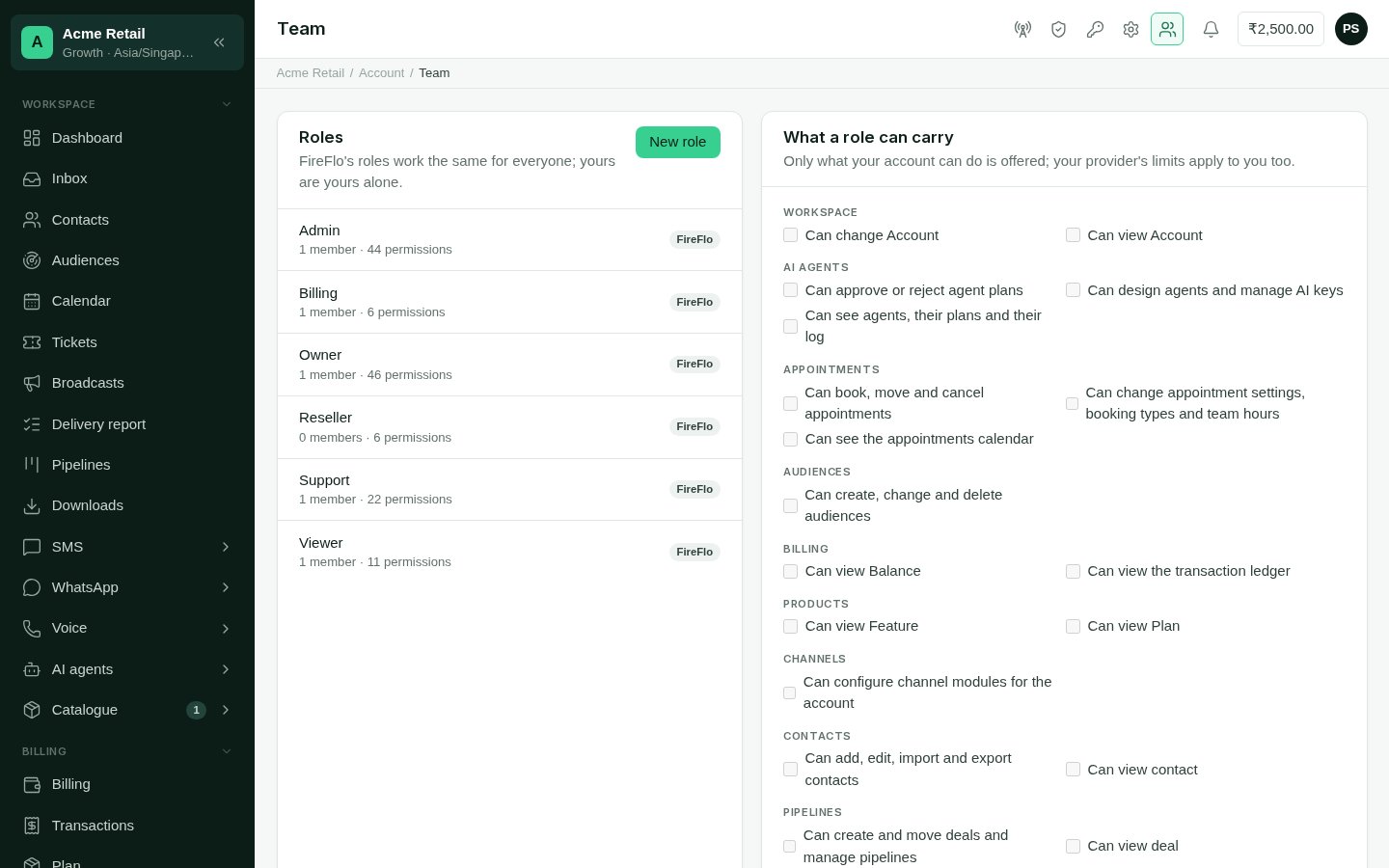 The Roles screen listing shared and custom roles with the permissions each carries