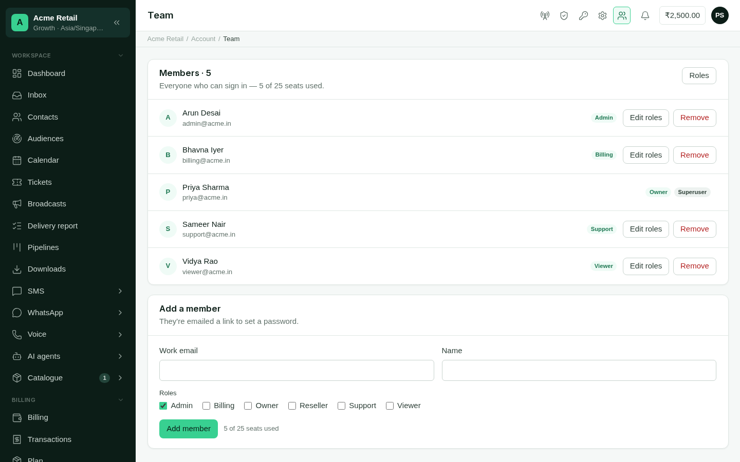 The Team screen listing members, their roles and invitation state, with the add-a-member form