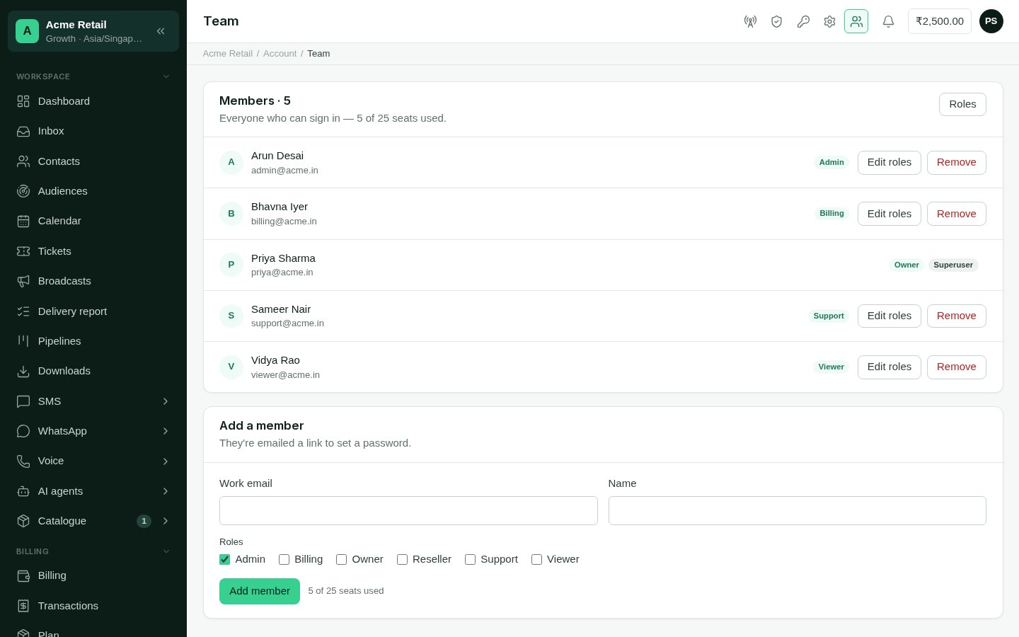 The Team screen listing members, their roles and invitation state, with the add-a-member form