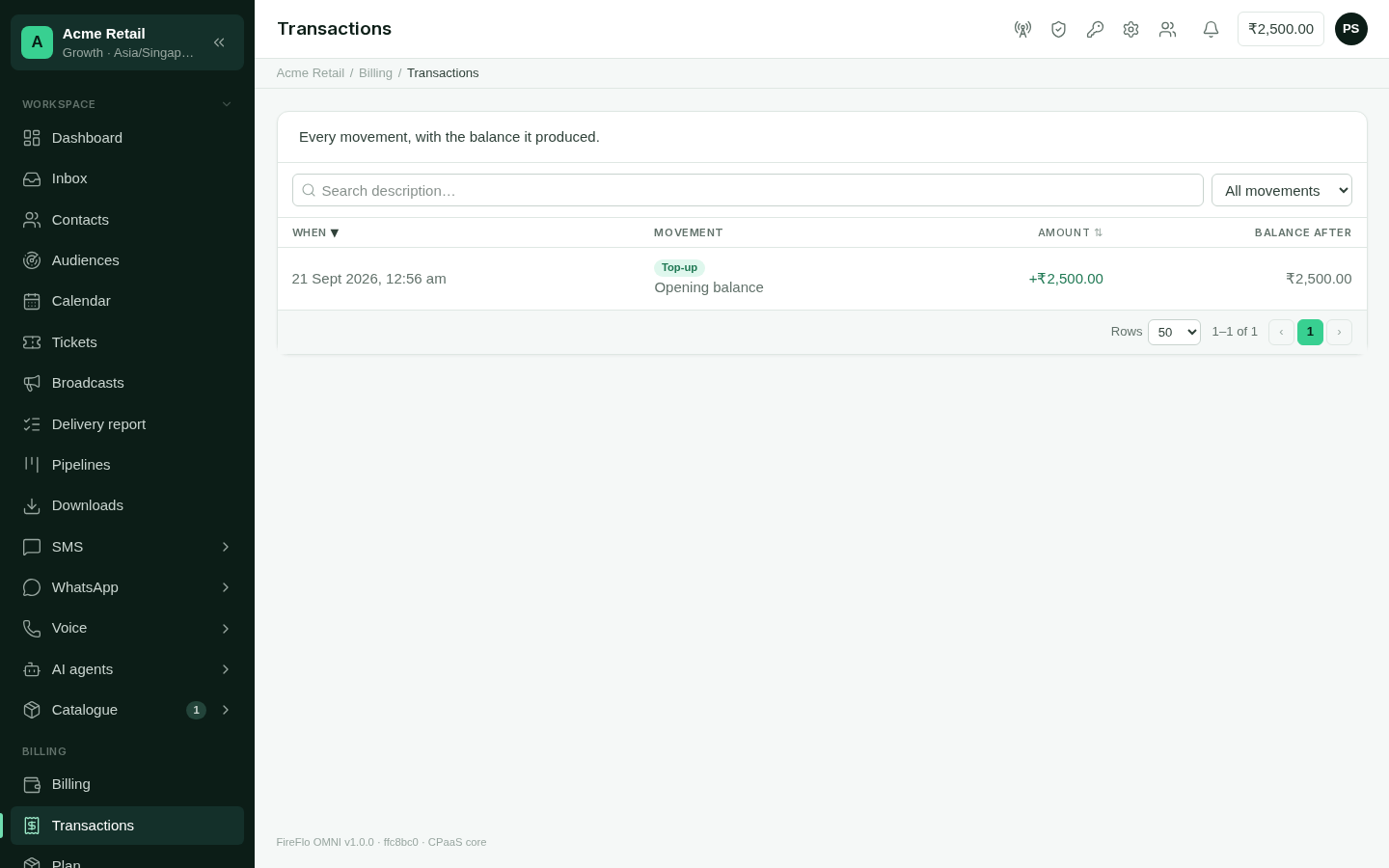 The Transactions ledger with when, movement, amount and balance after