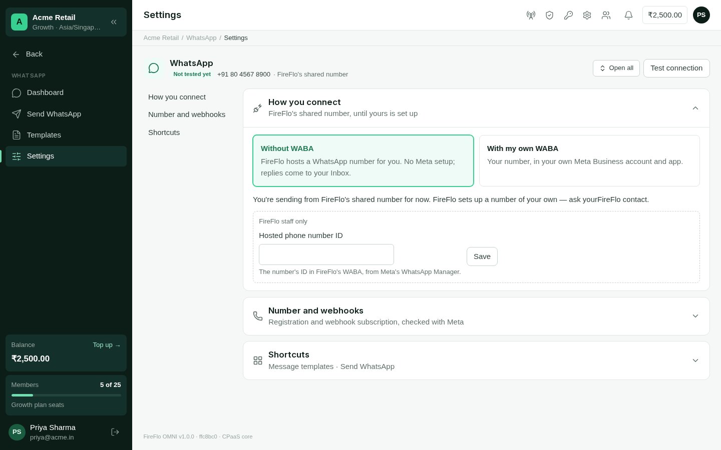 The WhatsApp settings page