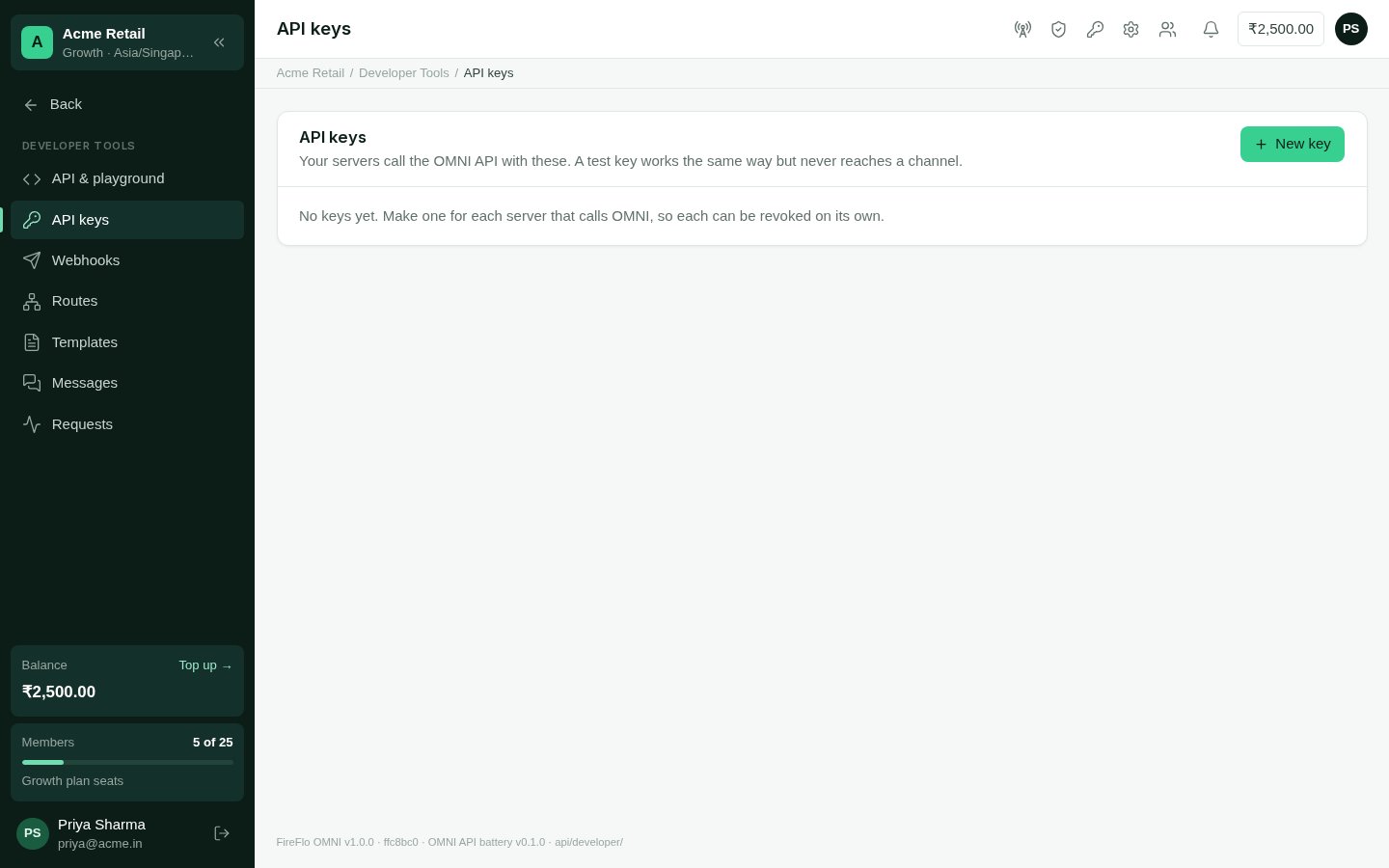The API keys screen, listing keys with what each may do and when it was last used