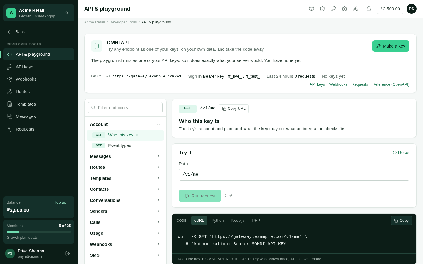 The API & playground: the endpoint list, the endpoint's docs and Try it, and the code and answer