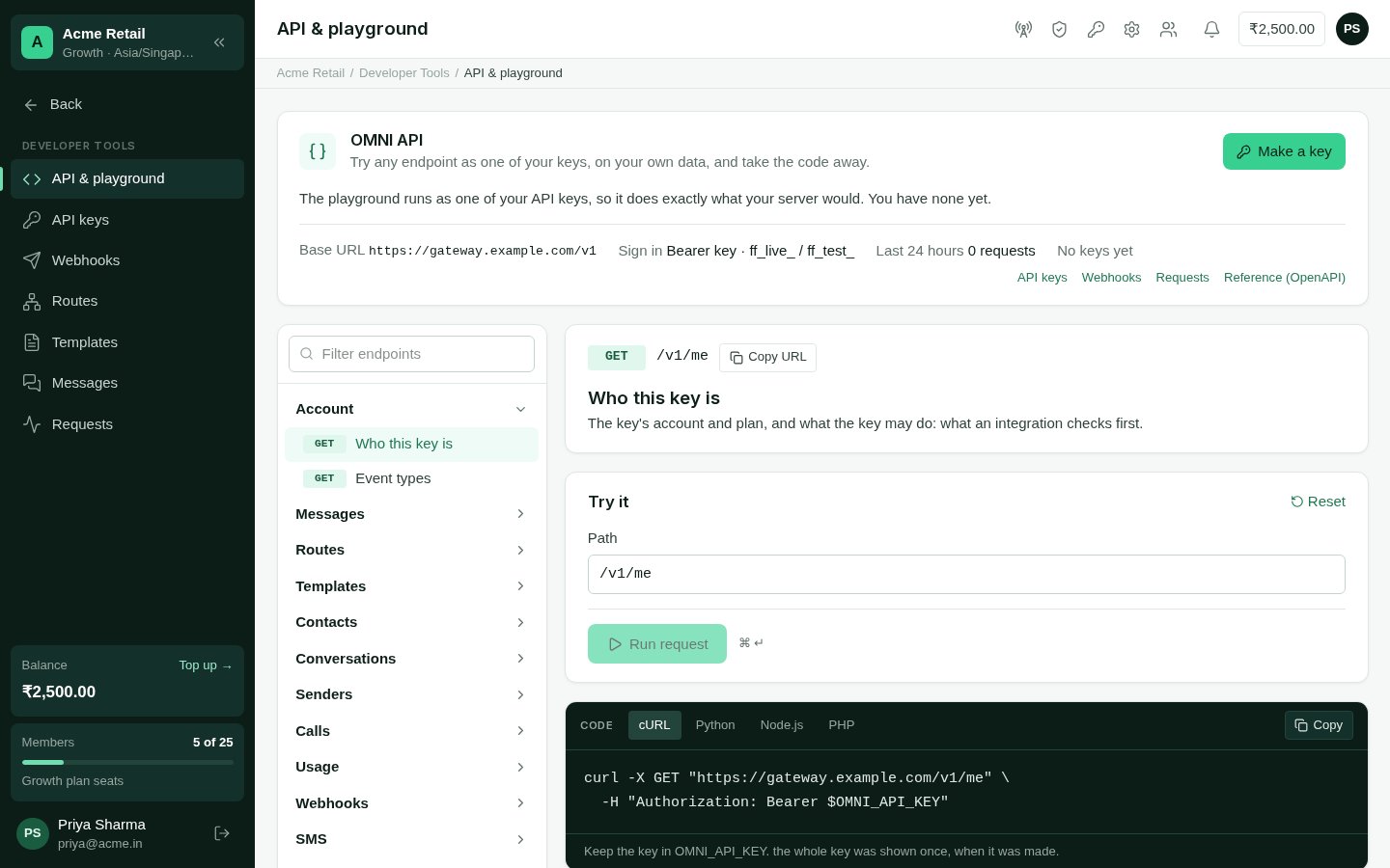 The API & playground: the endpoint list, the endpoint's docs and Try it, and the code and answer