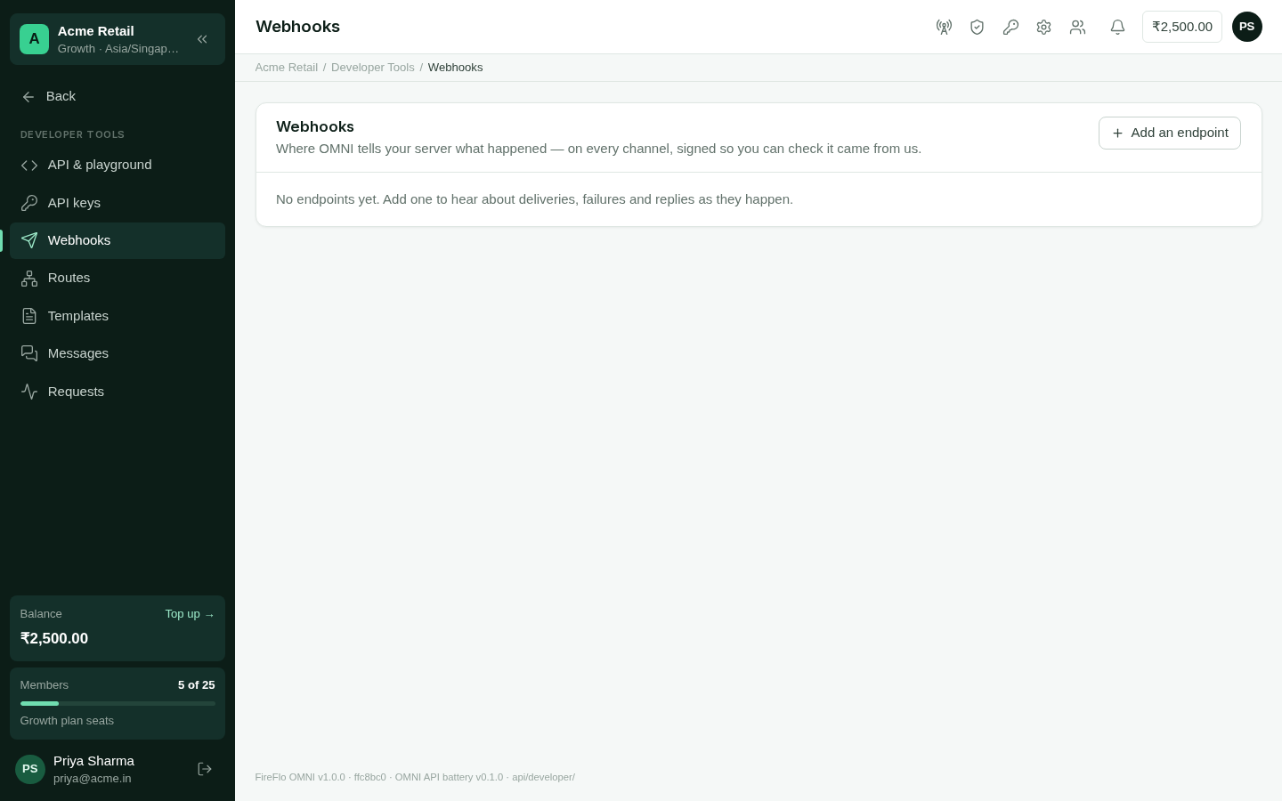 The webhooks screen, listing endpoints with their events and whether each is working