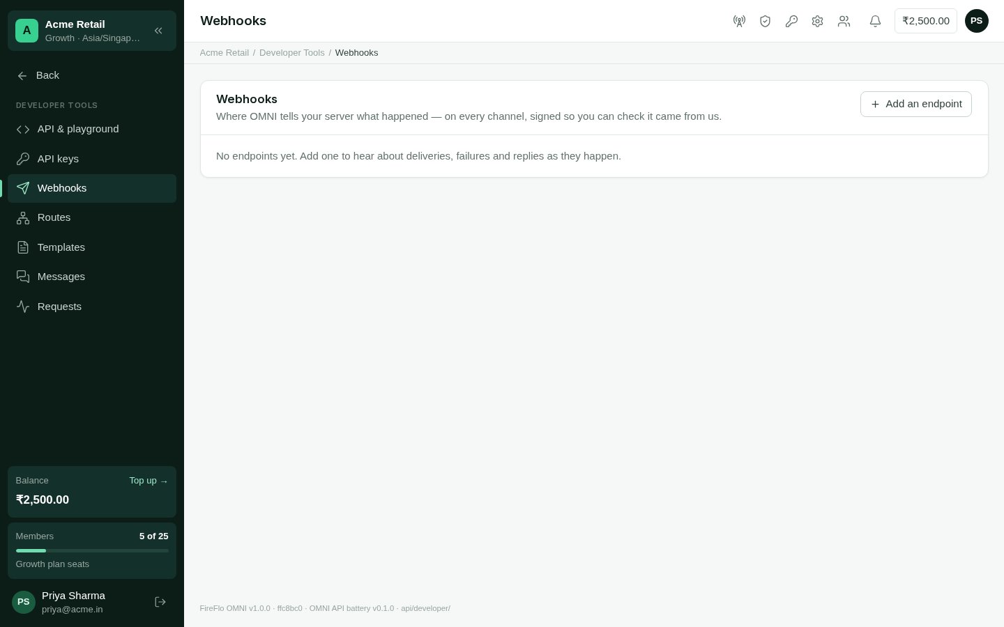 The webhooks screen, listing endpoints with their events and whether each is working