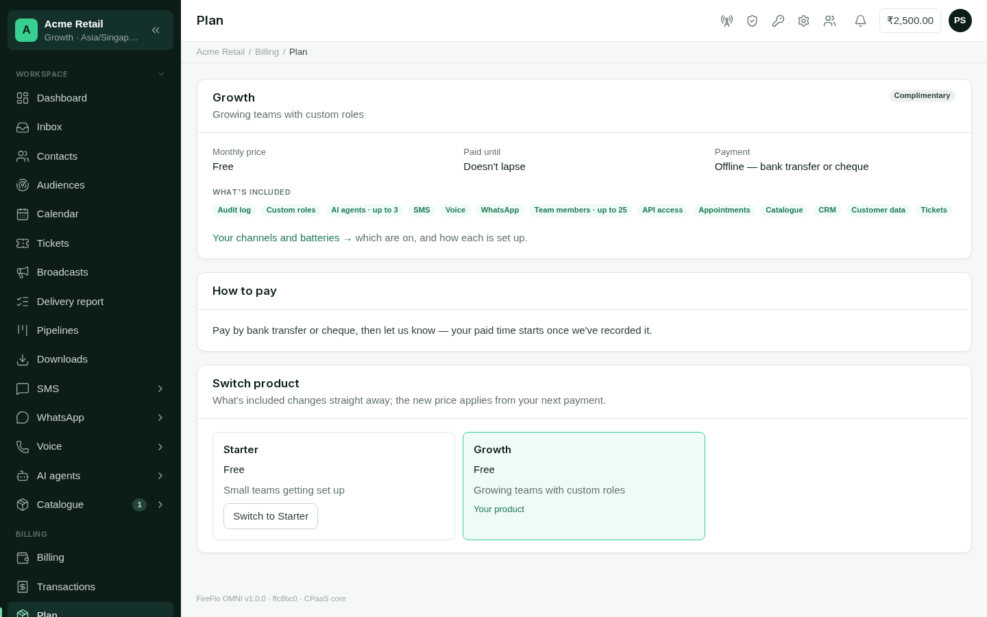 The Plan screen with the product name, status, monthly price, included features and payment instructions