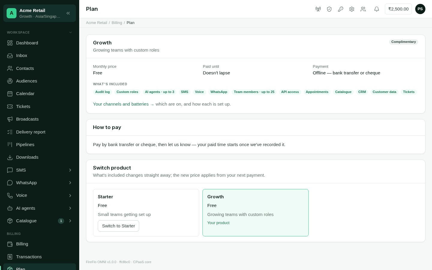 The Plan screen with the product name, status, monthly price, included features and payment instructions