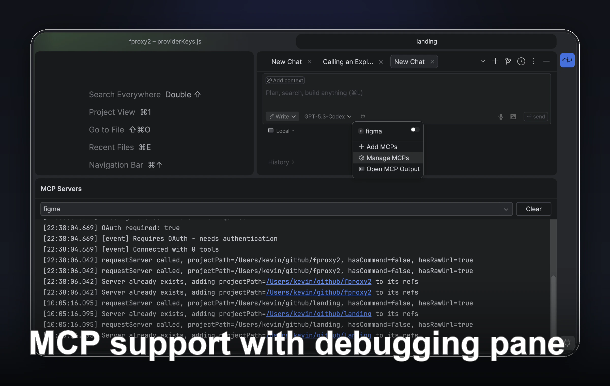 MCP server logs with provider selection open in the Firebender plugin