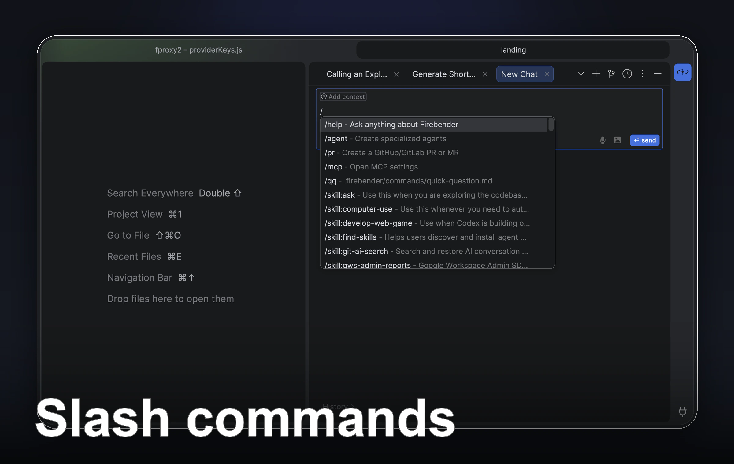 Slash commands view in the Firebender plugin
