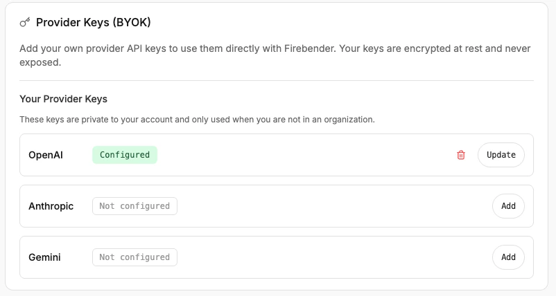 Provider Keys (BYOK) settings