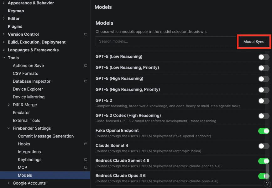 Model Sync in Firebender Settings