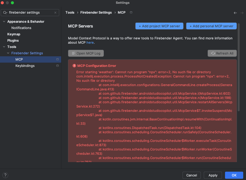 MCP panel showing an error message