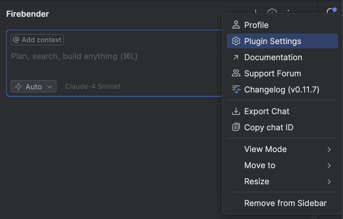 Plugin Settings menu showing Firebender Settings options
