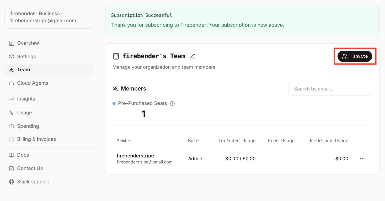 Team page in settings
