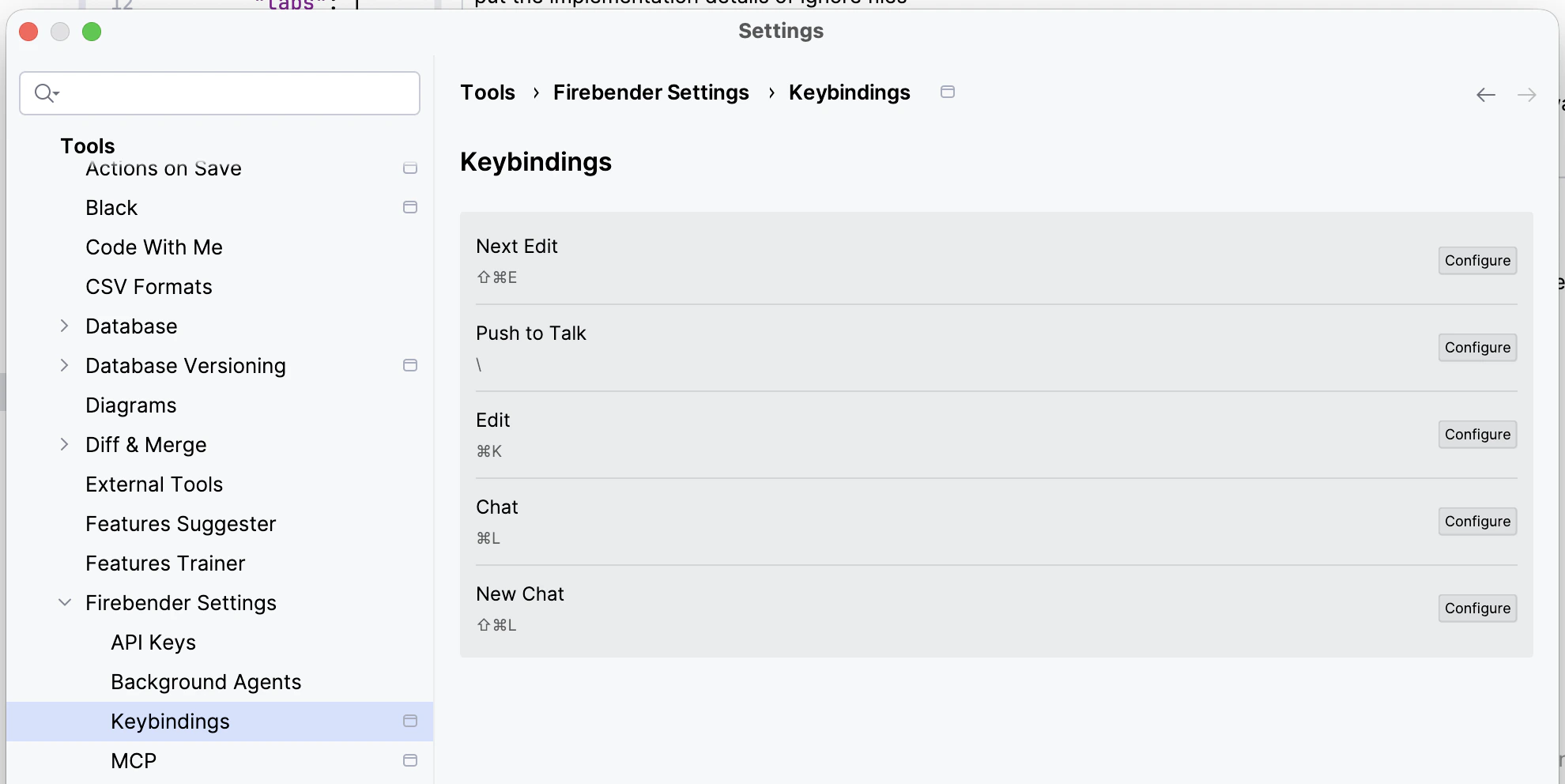Firebender Keybindings Settings
