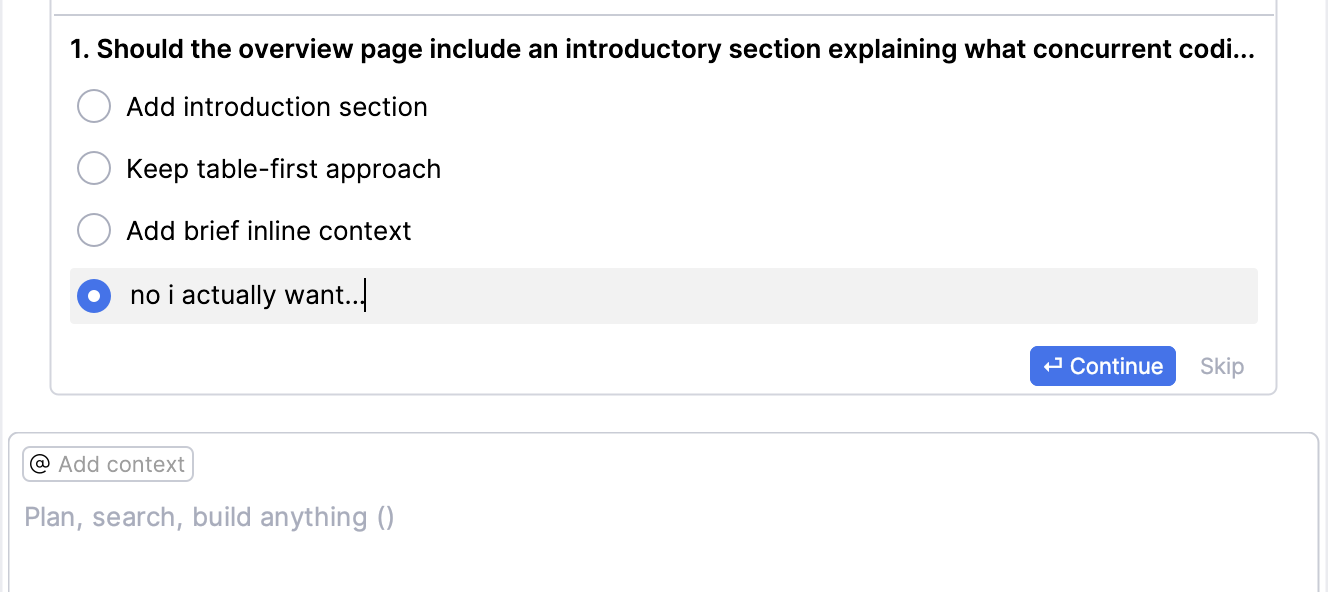 AI may ask clarifying questions before creating a plan and iterating with you