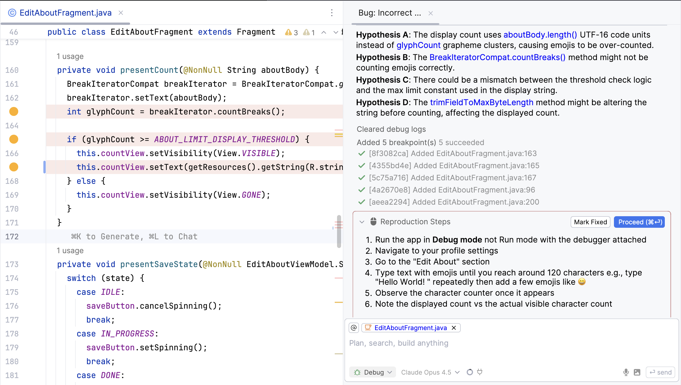 Debug Mode reproduction steps panel
