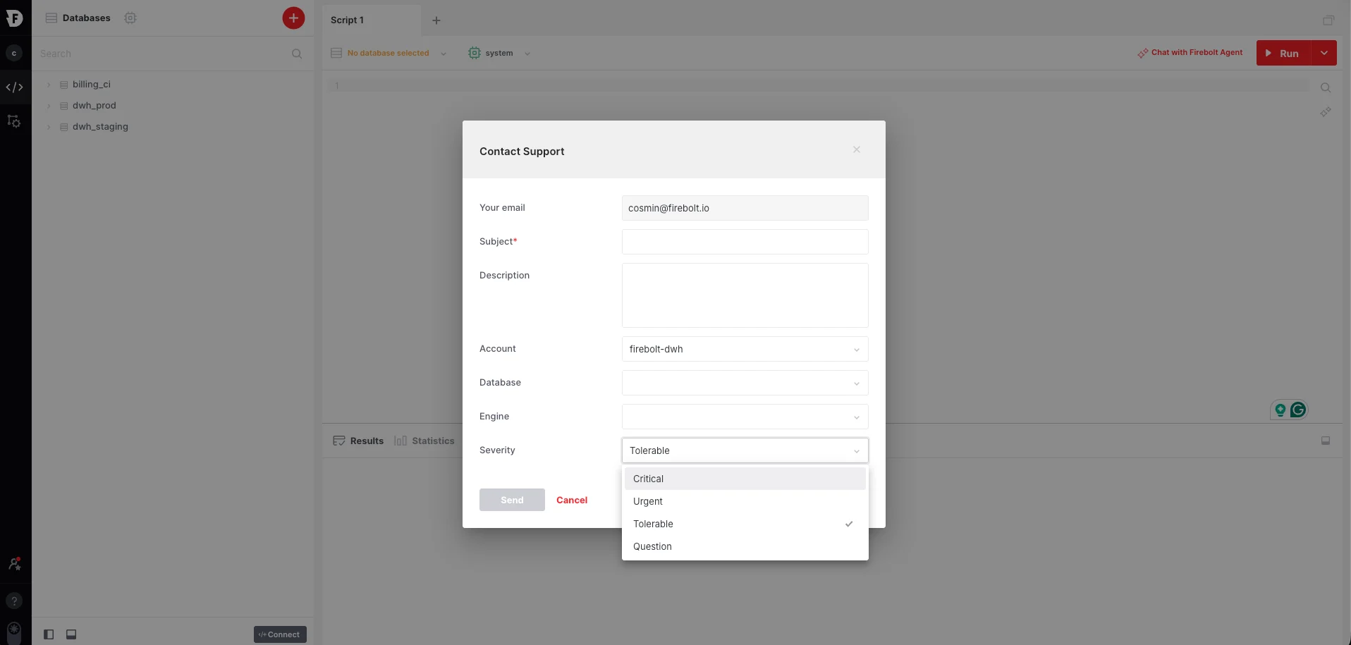 Severity dropdown in Contact Support window